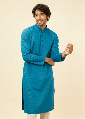 Manyavar Men Teal Blue Self Patterned Kurta Set image number 0