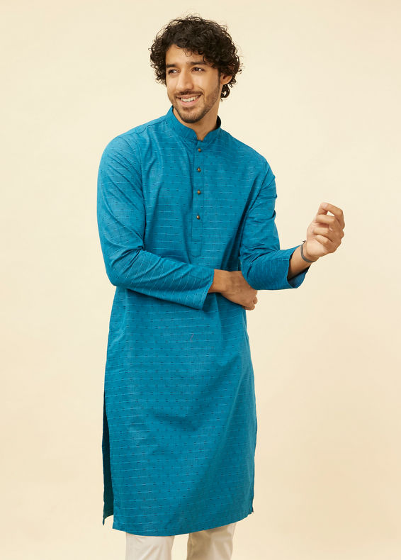 Manyavar Men Teal Blue Self Patterned Kurta Set