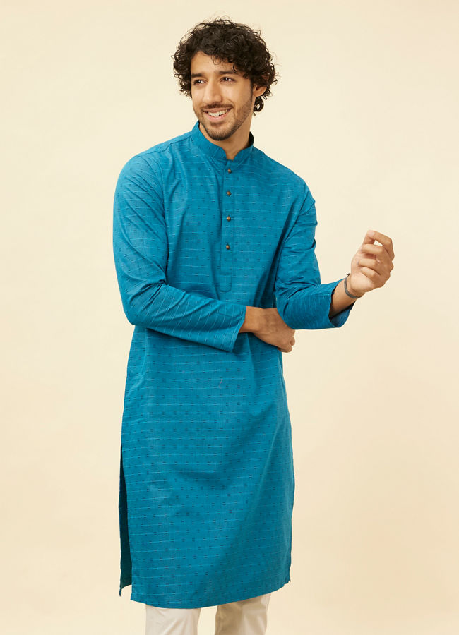 alt message - Manyavar Men Teal Blue Self Patterned Kurta Set image number 0