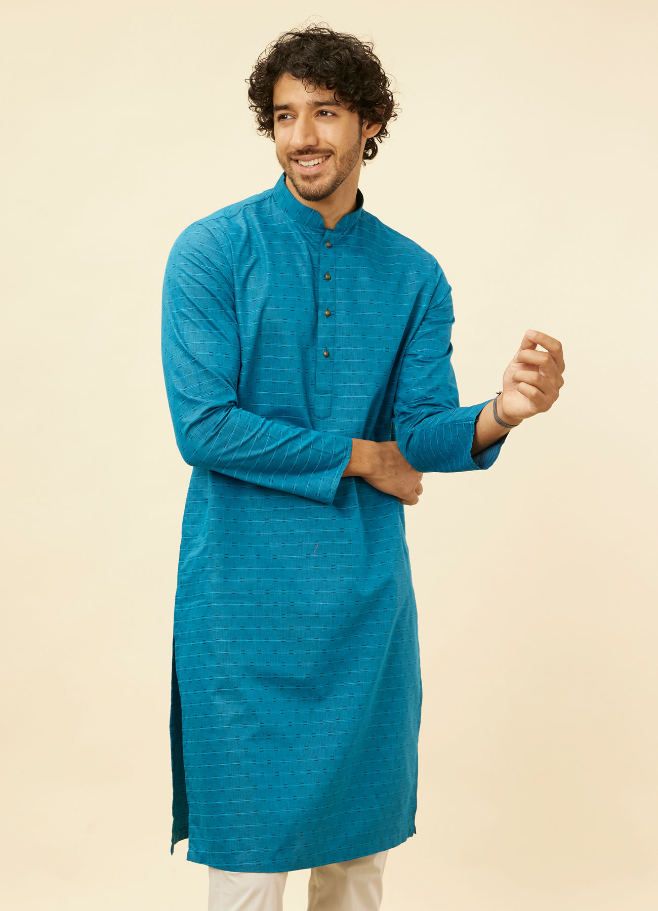 Manyavar Men Teal Blue Self Patterned Kurta Set