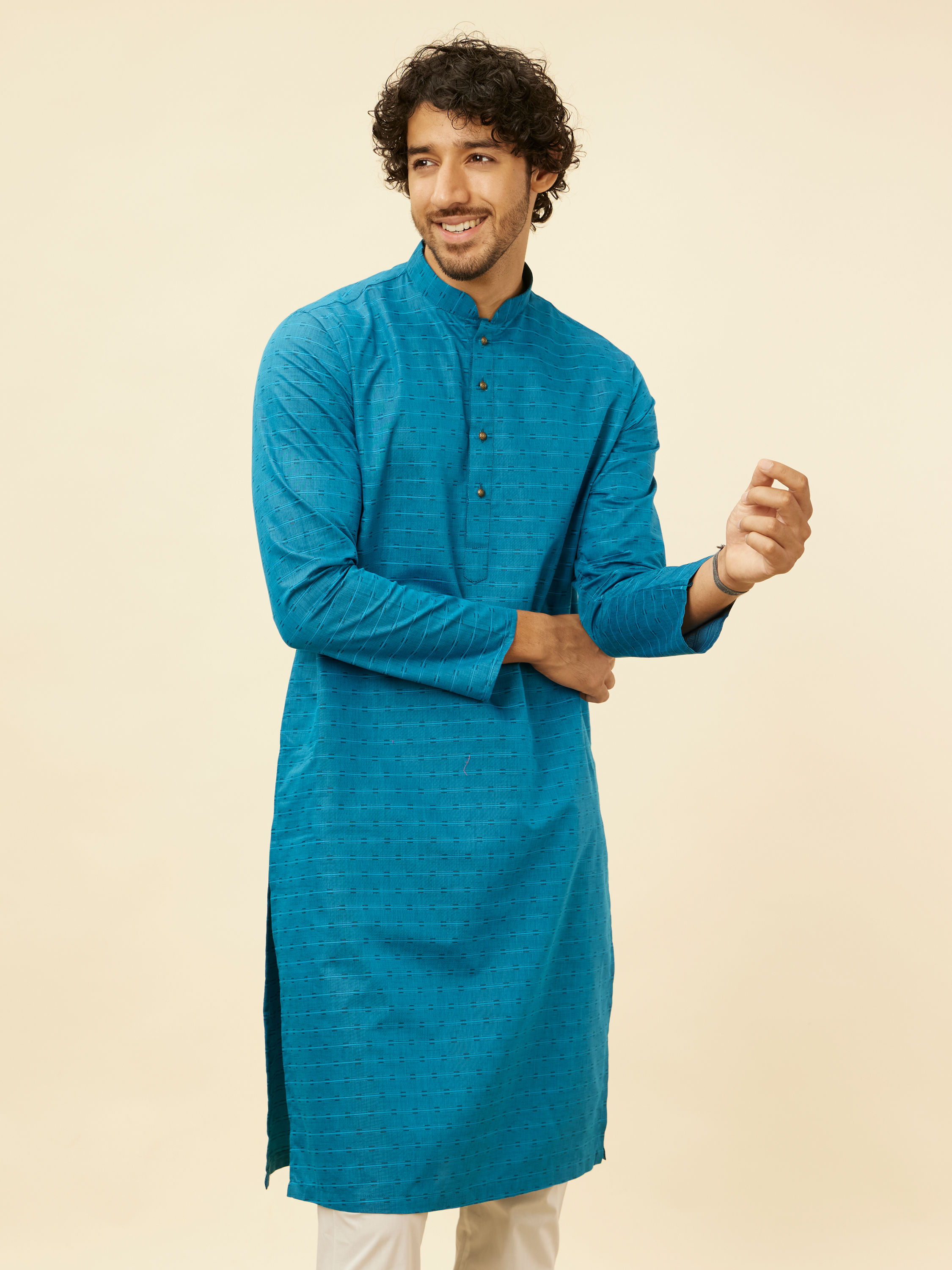 Manyavar Men Teal Blue Self Patterned Kurta Set