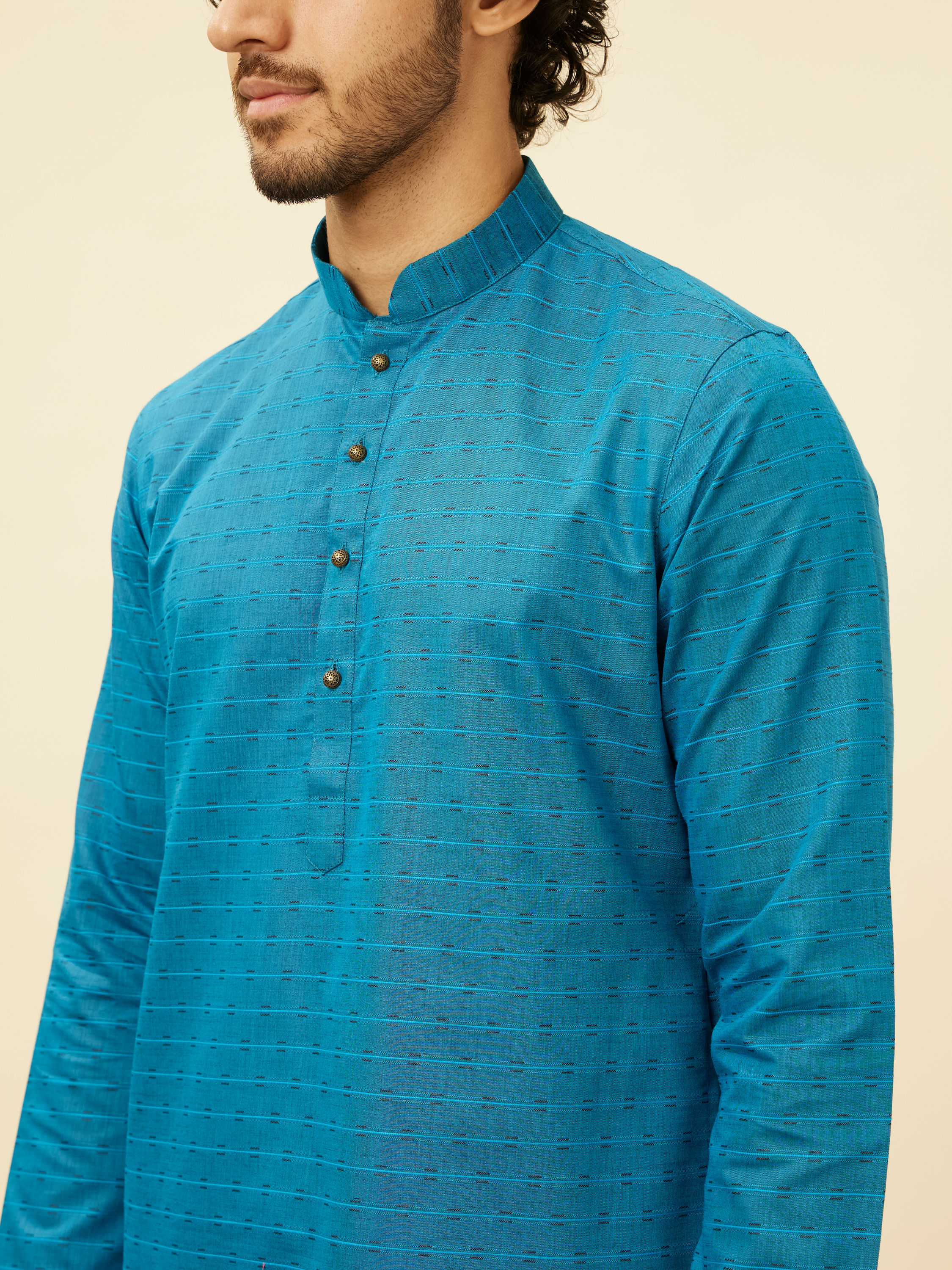 Manyavar Men Teal Blue Self Patterned Kurta Set