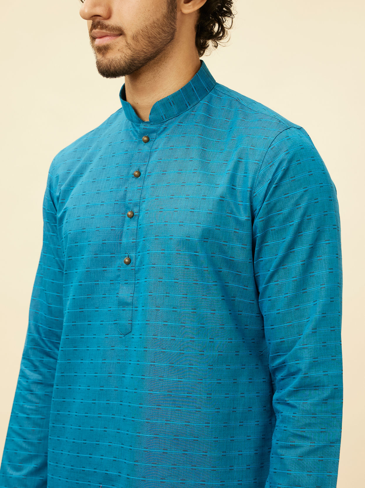 alt message - Manyavar Men Teal Blue Self Patterned Kurta Set image number 1