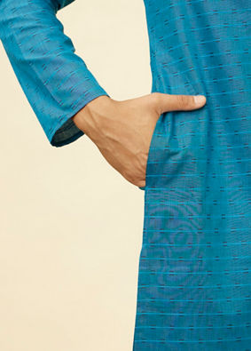 Manyavar Men Teal Blue Self Patterned Kurta Set image number 3