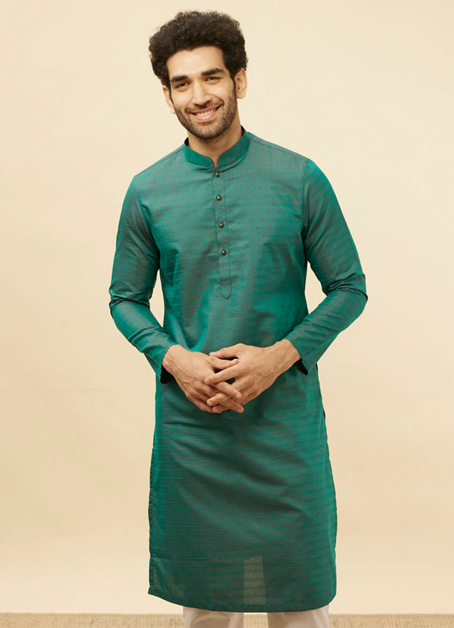 Manyavar Men Teal Green Self Striped Kurta Set