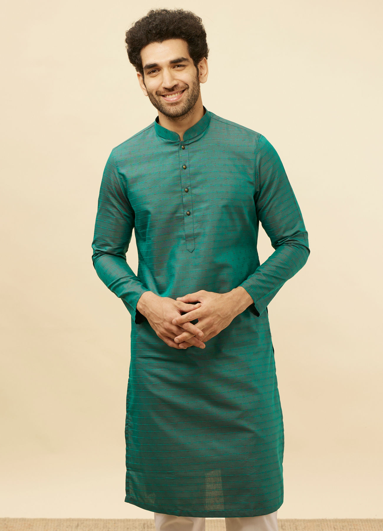 Manyavar Men Teal Green Self Striped Kurta Set