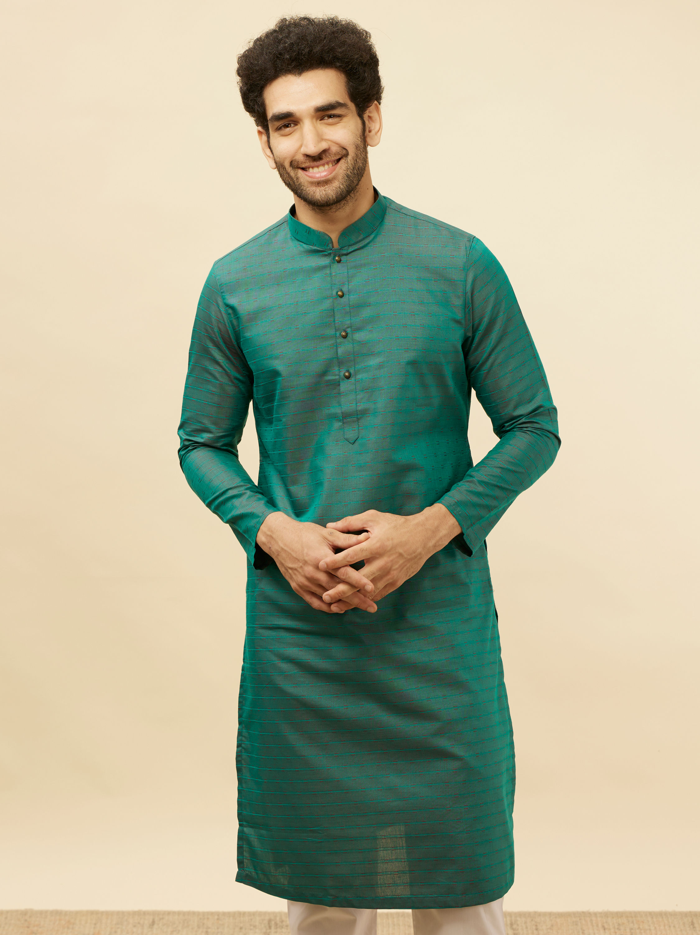 Manyavar Men Teal Green Self Striped Kurta Set