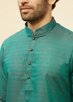 alt message - Manyavar Men Teal Green Self Striped Kurta Set image number 1