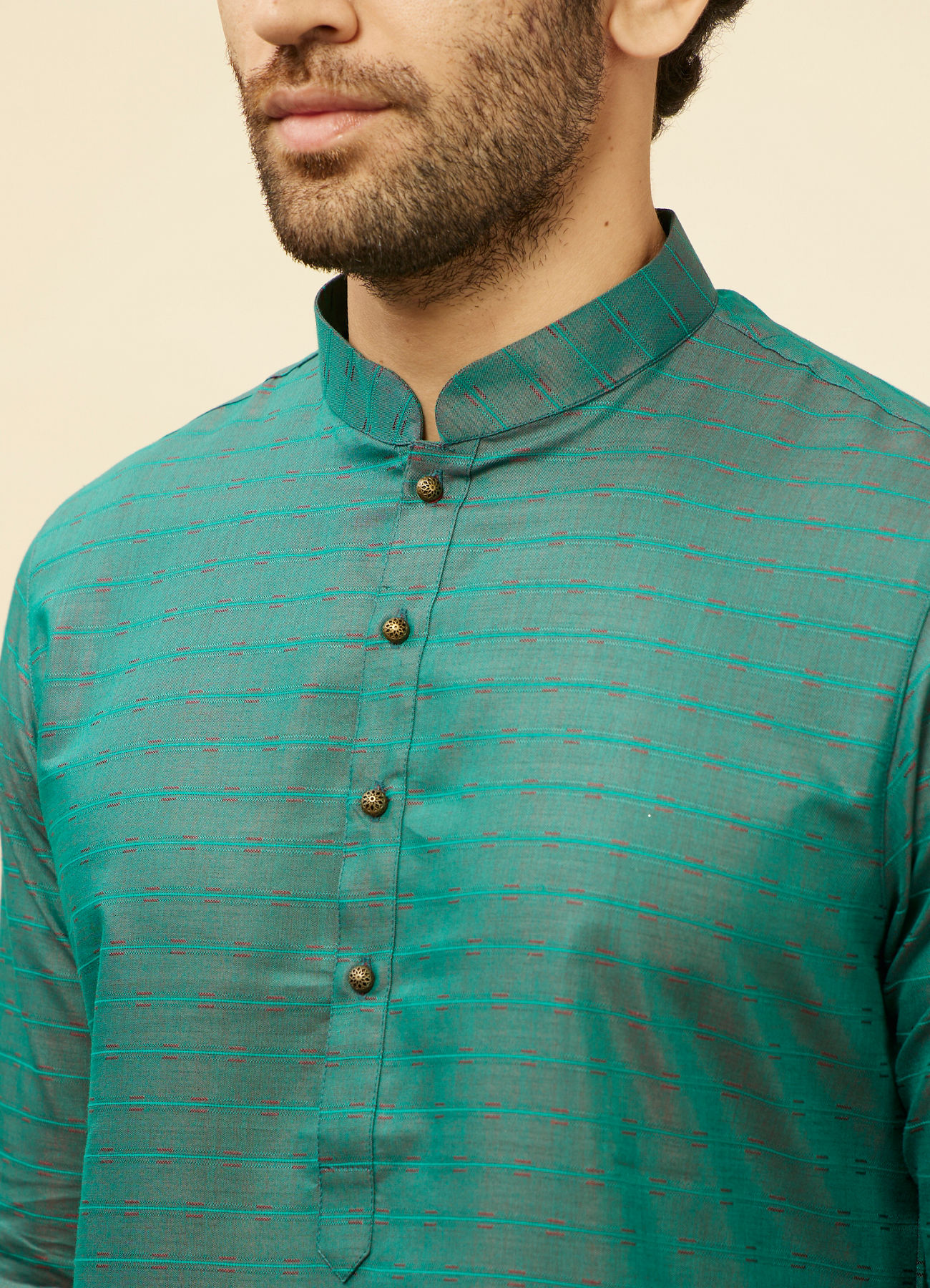 Manyavar Men Teal Green Self Striped Kurta Set