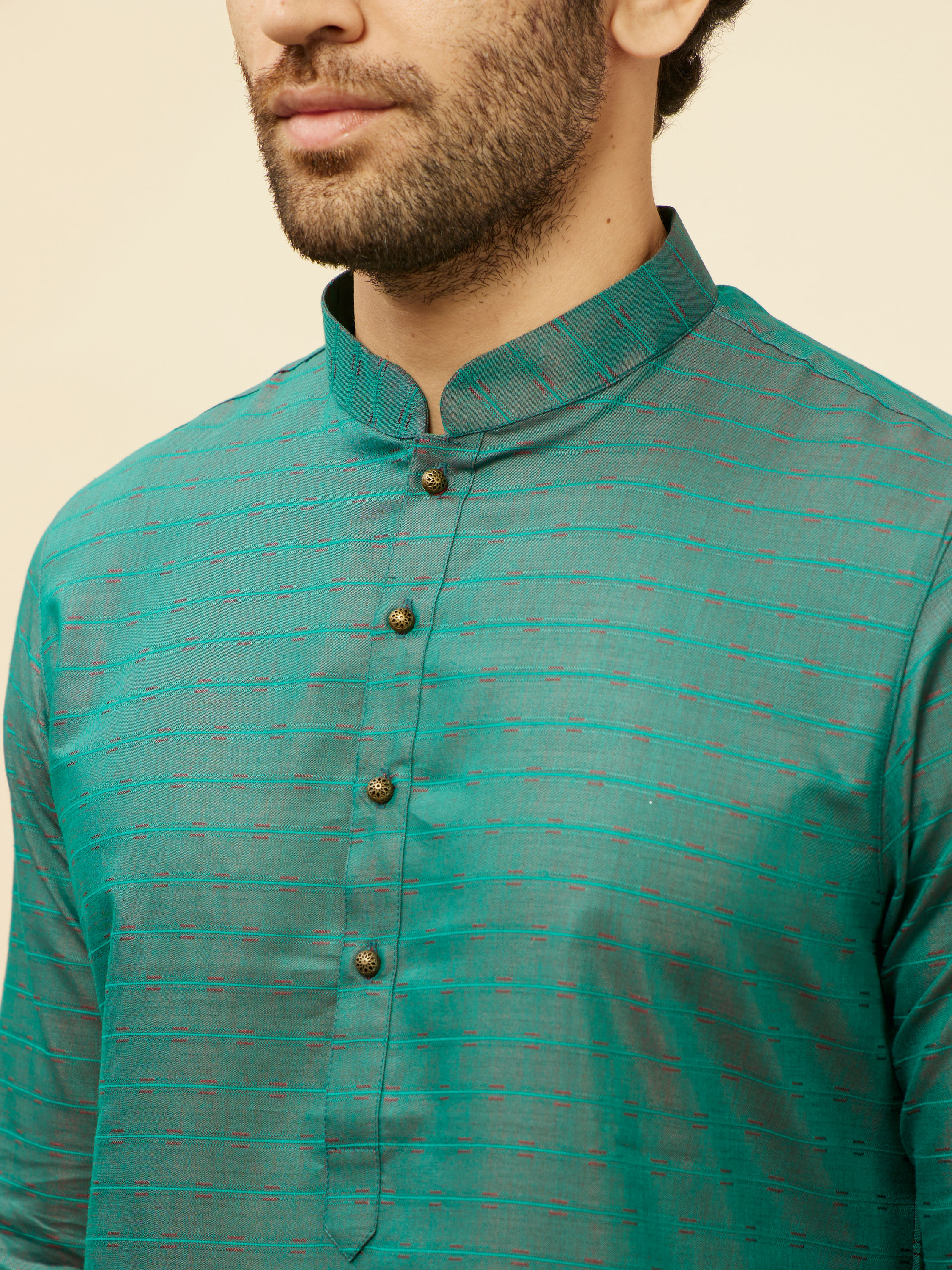 Manyavar Men Teal Green Self Striped Kurta Set