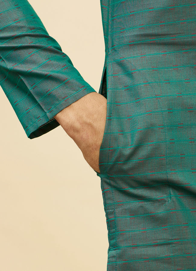Manyavar Men Teal Green Self Striped Kurta Set