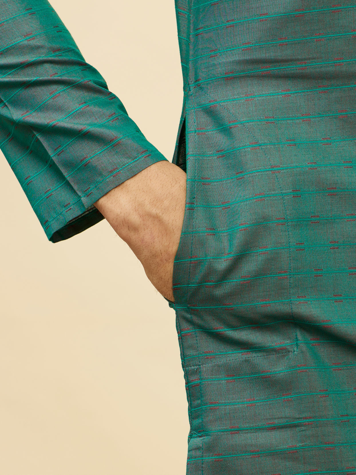 Manyavar Men Teal Green Self Striped Kurta Set