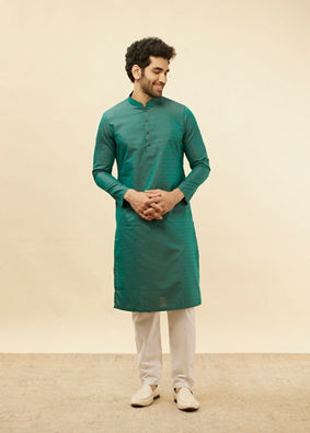 alt message - Manyavar Men Teal Green Self Striped Kurta Set image number 2