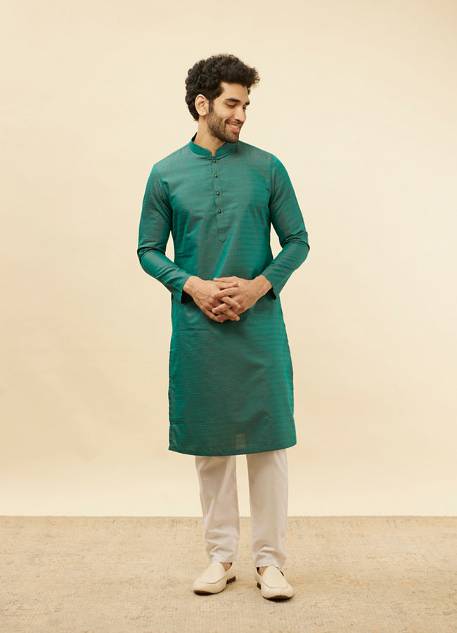 Manyavar Men Teal Green Self Striped Kurta Set