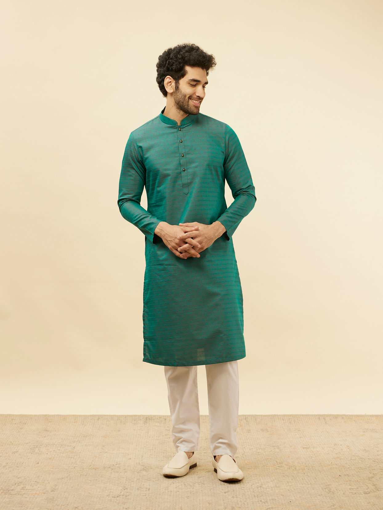 Manyavar Men Teal Green Self Striped Kurta Set