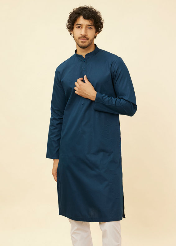 Manyavar Men Turquoise Blue Self Patterned Kurta Set