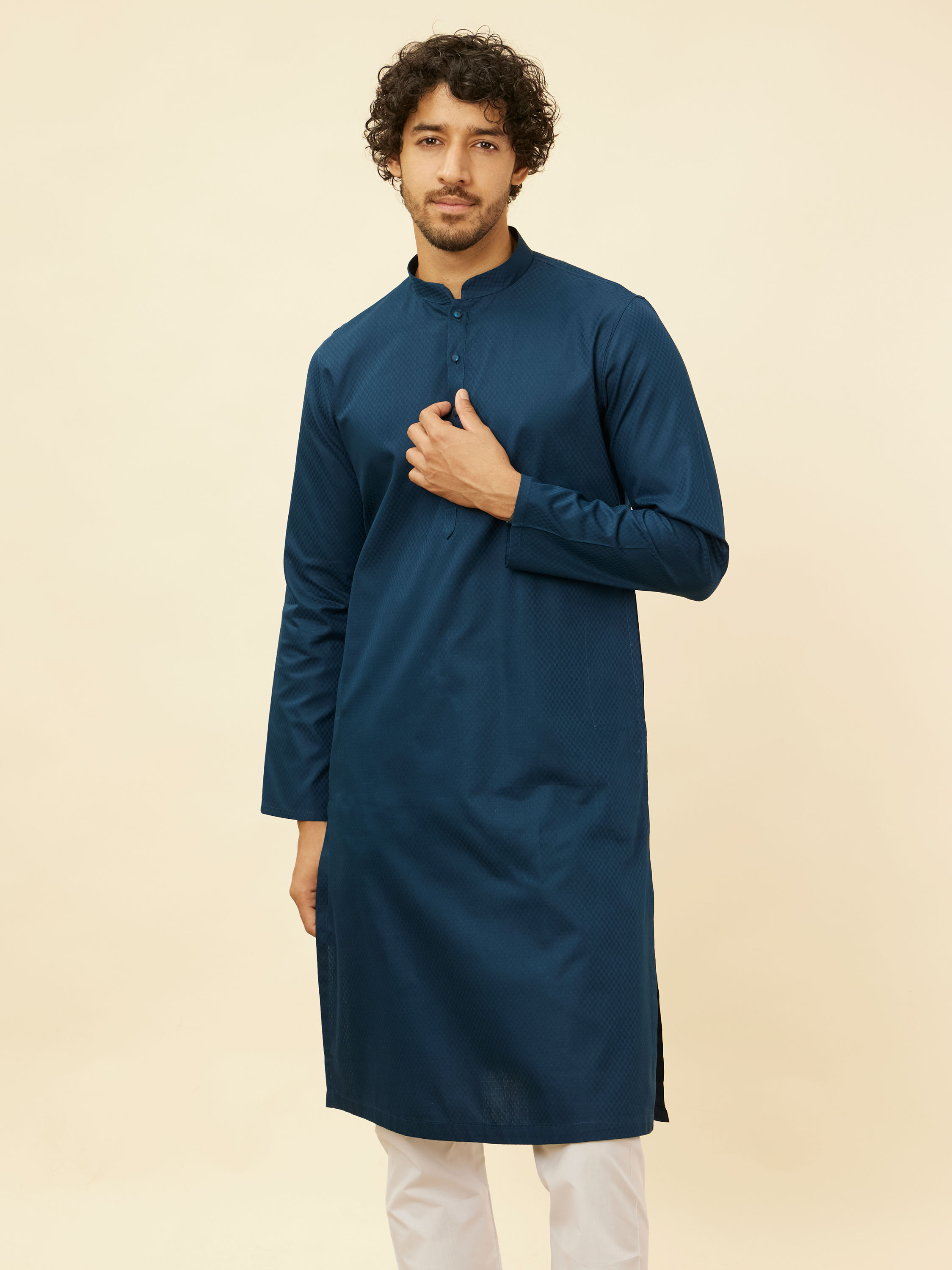 Manyavar Men Turquoise Blue Self Patterned Kurta Set