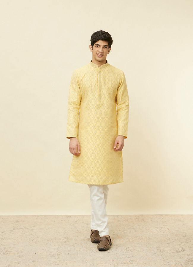 Manyavar Men Crayola Yellow Diamond Patterned Kurta Set