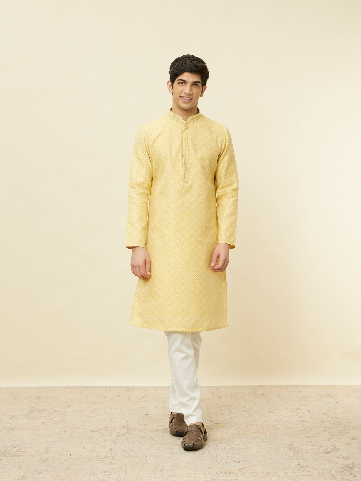 Manyavar Men Crayola Yellow Diamond Patterned Kurta Set