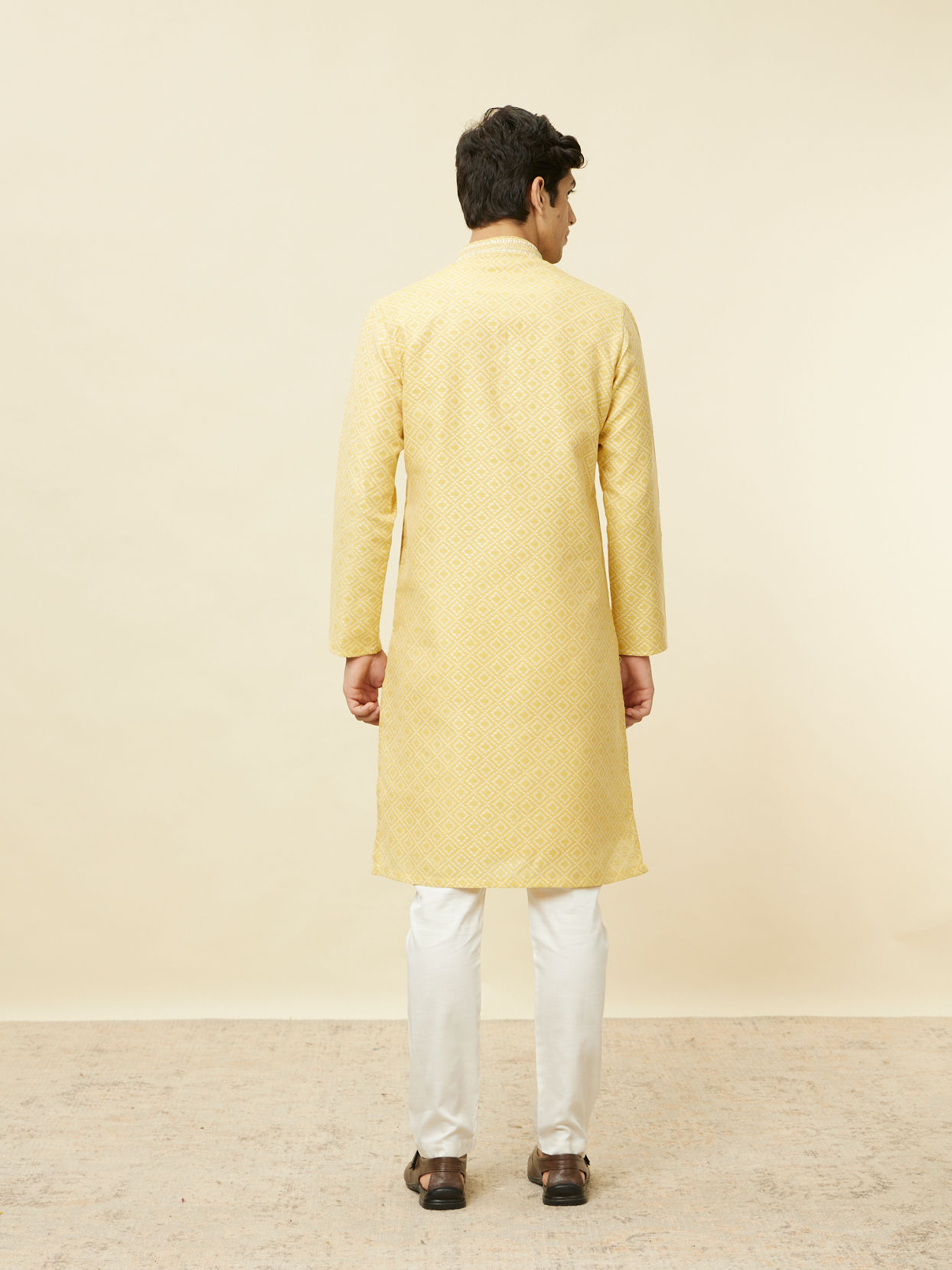 Manyavar Men Crayola Yellow Diamond Patterned Kurta Set