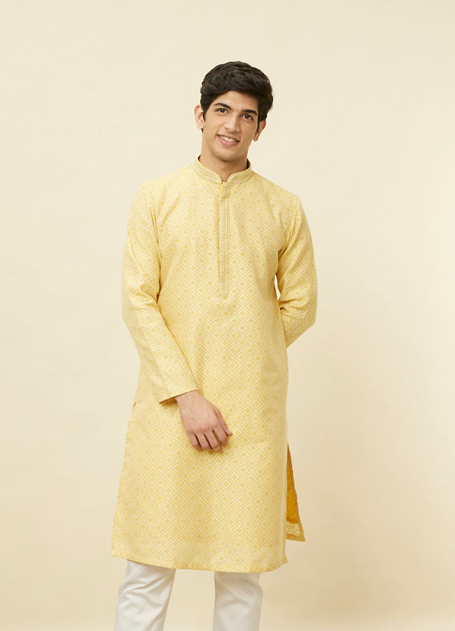 Manyavar Men Crayola Yellow Diamond Patterned Kurta Set