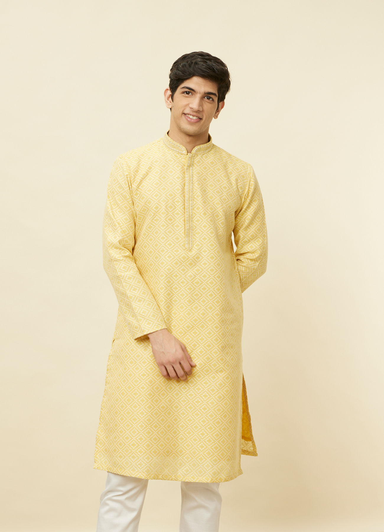 Manyavar Men Crayola Yellow Diamond Patterned Kurta Set