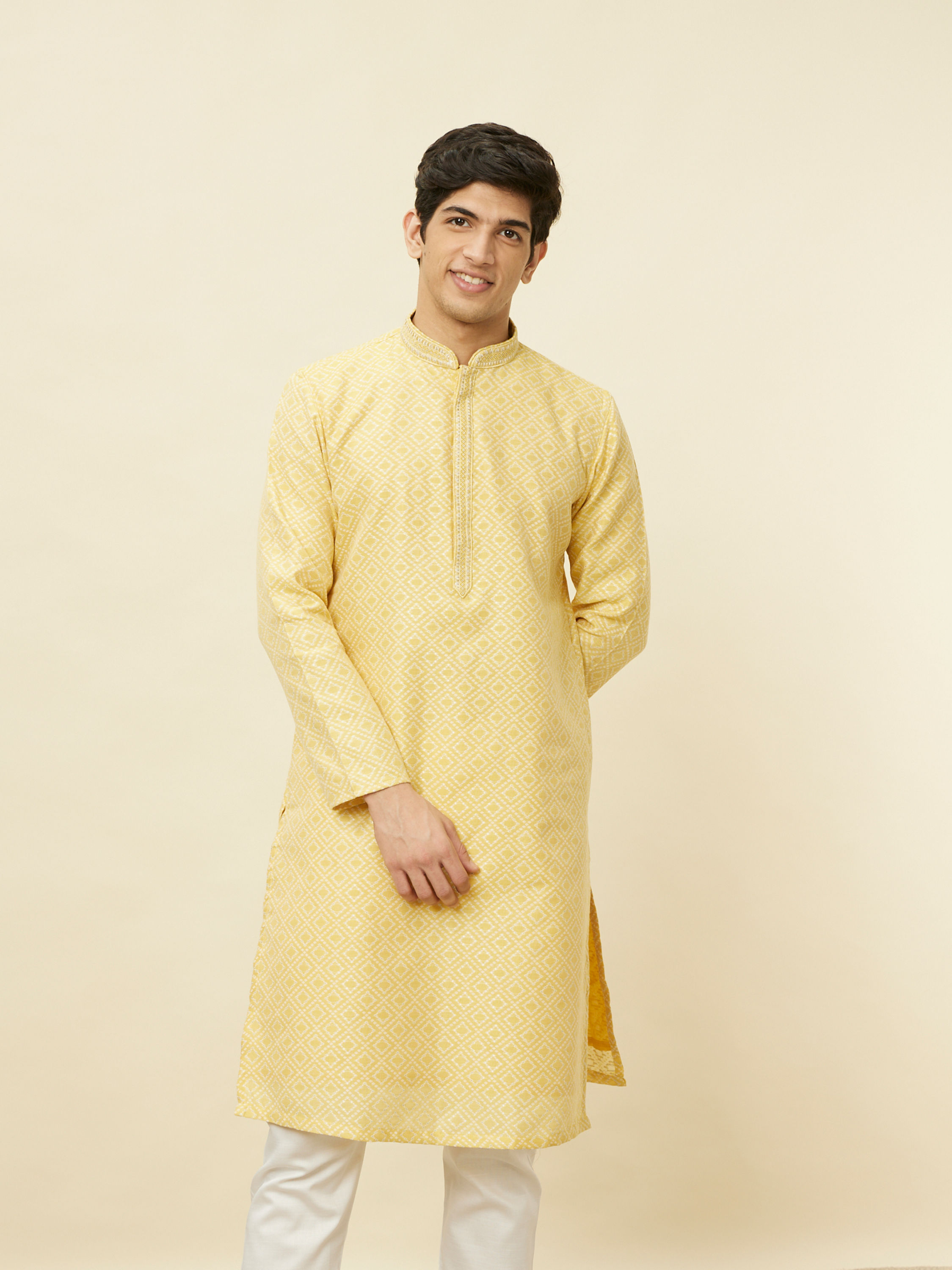 Manyavar Men Crayola Yellow Diamond Patterned Kurta Set