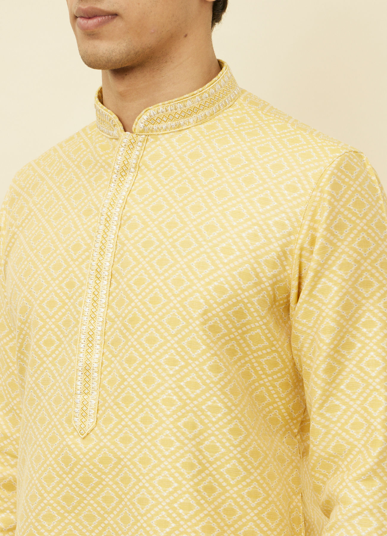 Manyavar Men Crayola Yellow Diamond Patterned Kurta Set