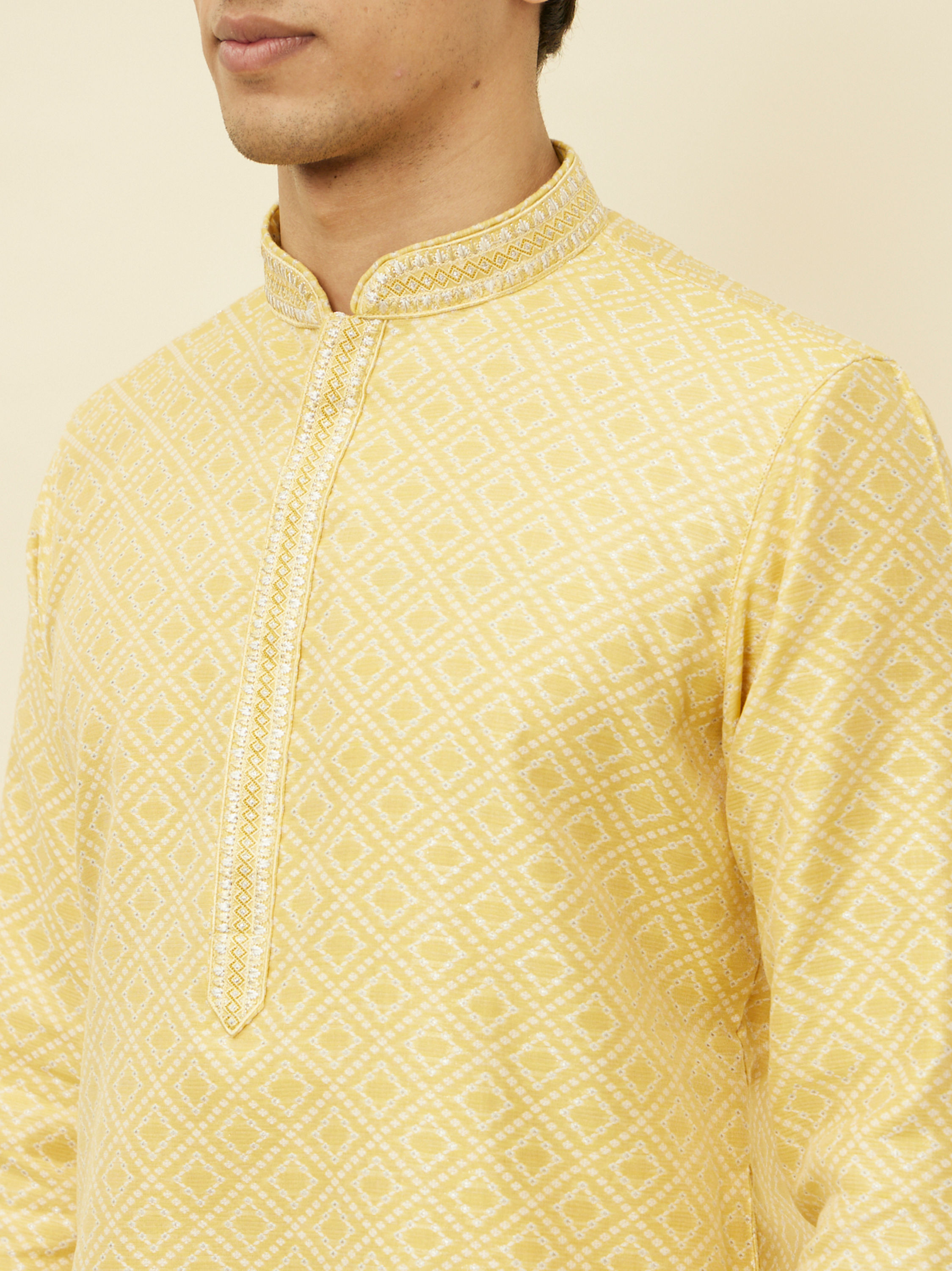 Manyavar Men Crayola Yellow Diamond Patterned Kurta Set