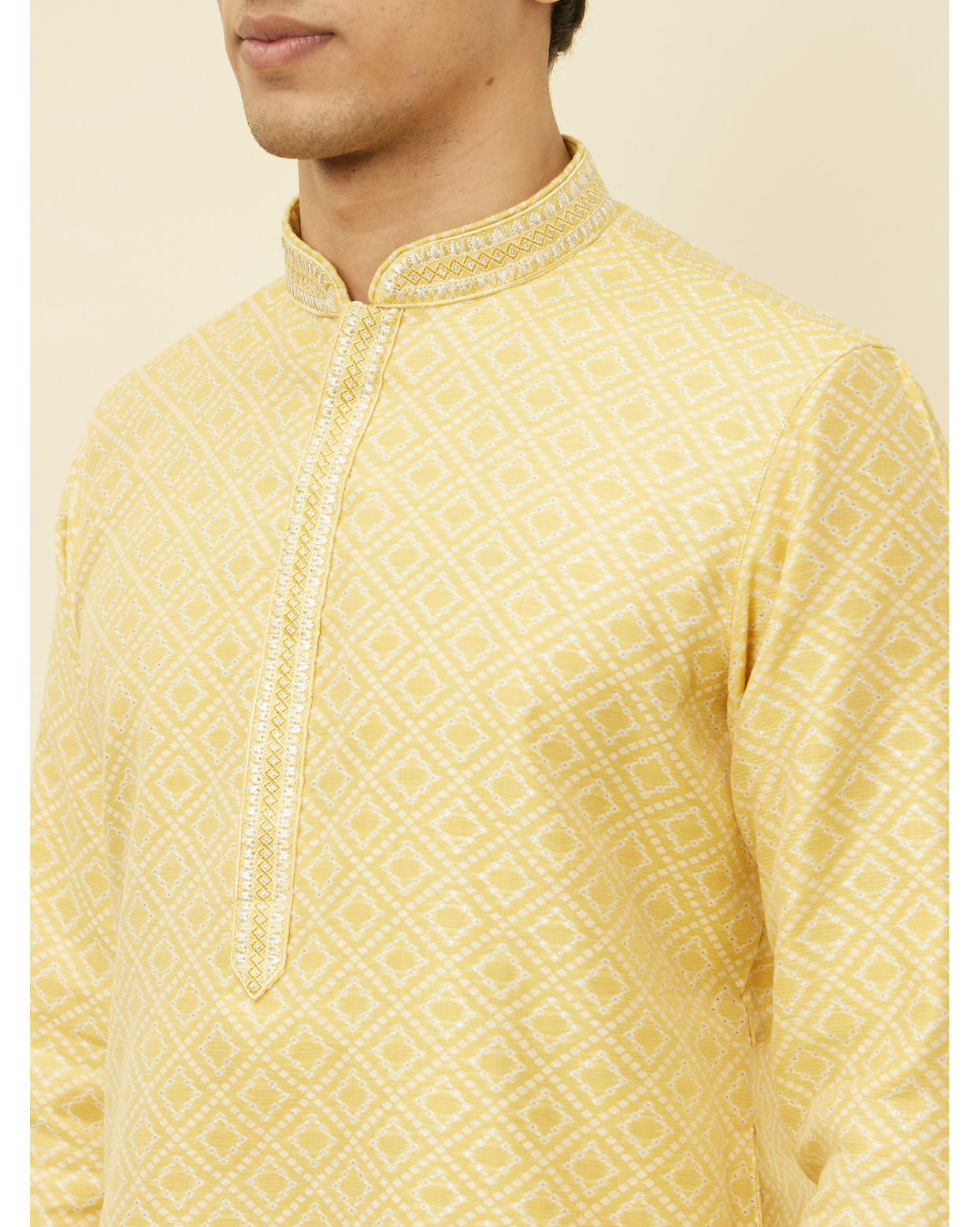 Manyavar Men Crayola Yellow Diamond Patterned Kurta Set