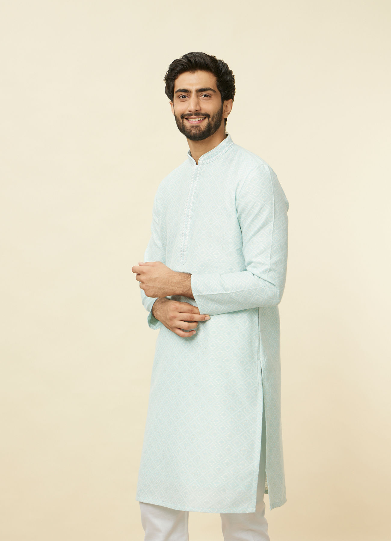 Manyavar Men Sky Blue Diamond Patterned Kurta Set