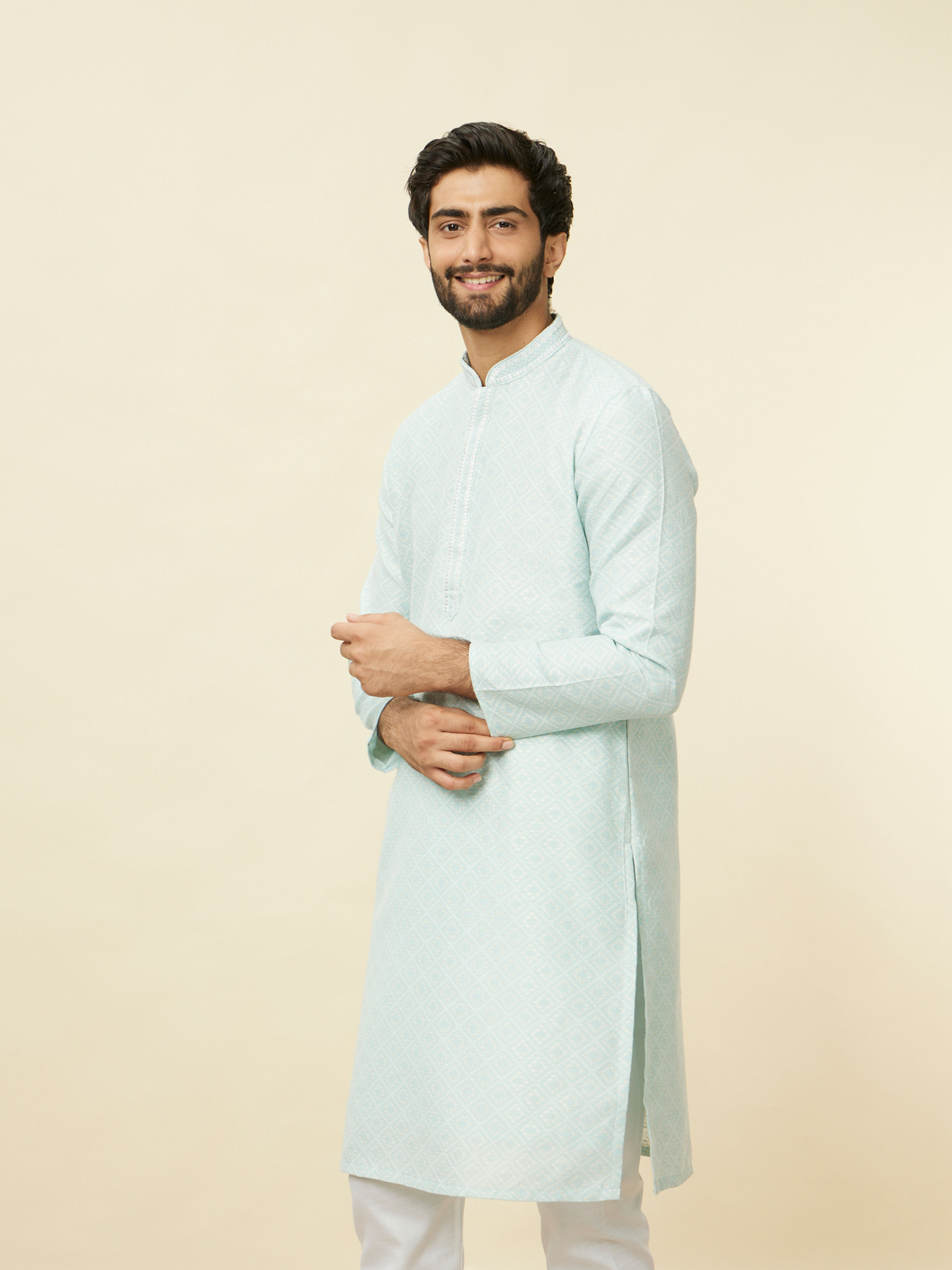 Manyavar Men Sky Blue Diamond Patterned Kurta Set