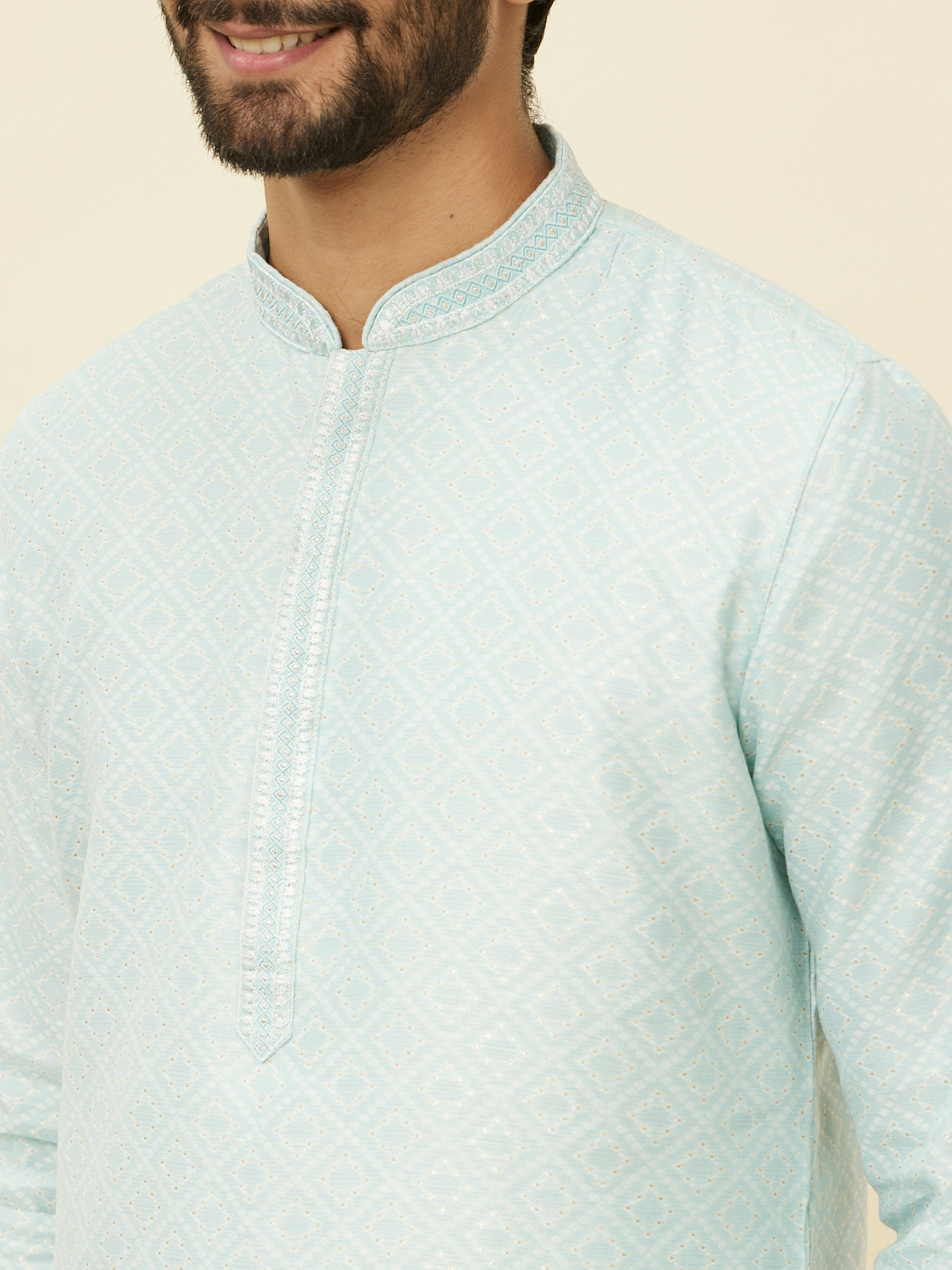 Manyavar Men Sky Blue Diamond Patterned Kurta Set