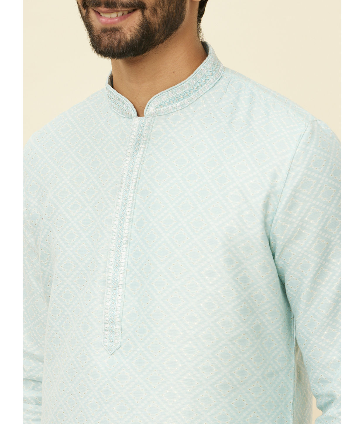 Manyavar Men Sky Blue Diamond Patterned Kurta Set