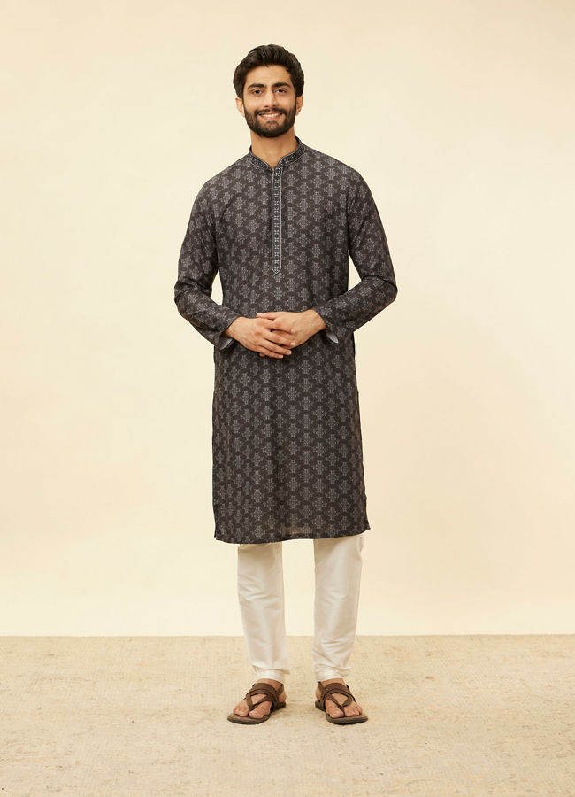 Manyavar Men Charcoal Black Imperial Printed Kurta Set