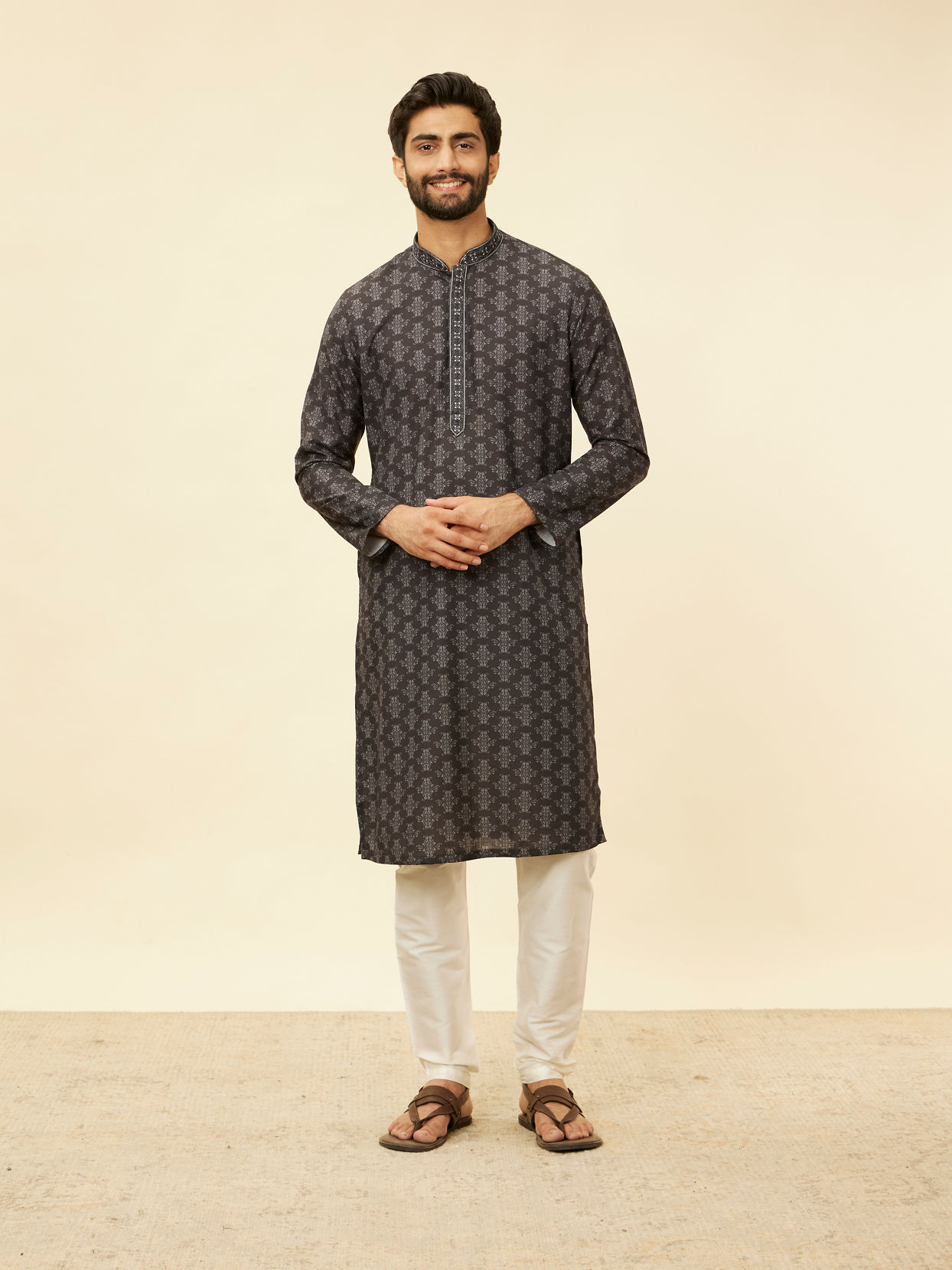 Manyavar Men Charcoal Black Imperial Printed Kurta Set image number 2