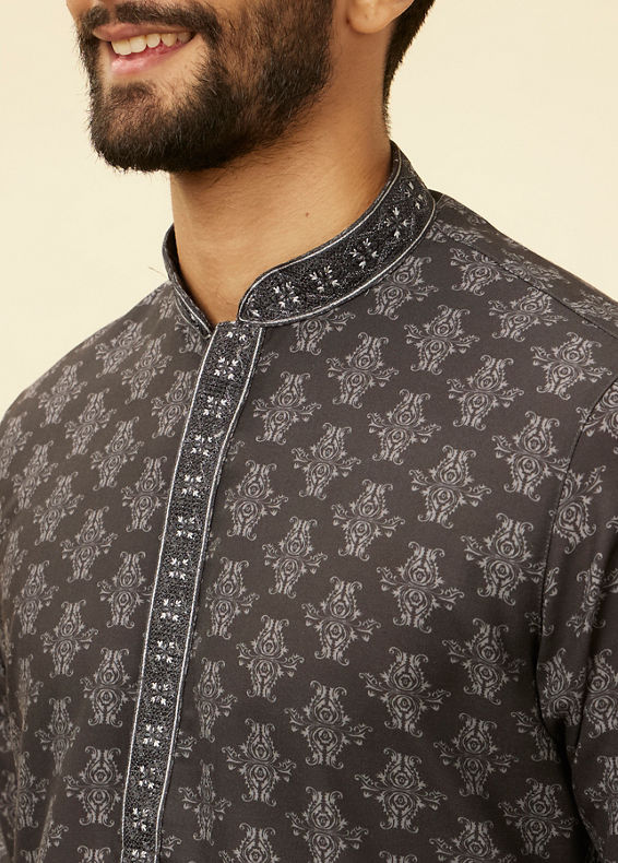 Manyavar Men Charcoal Black Imperial Printed Kurta Set