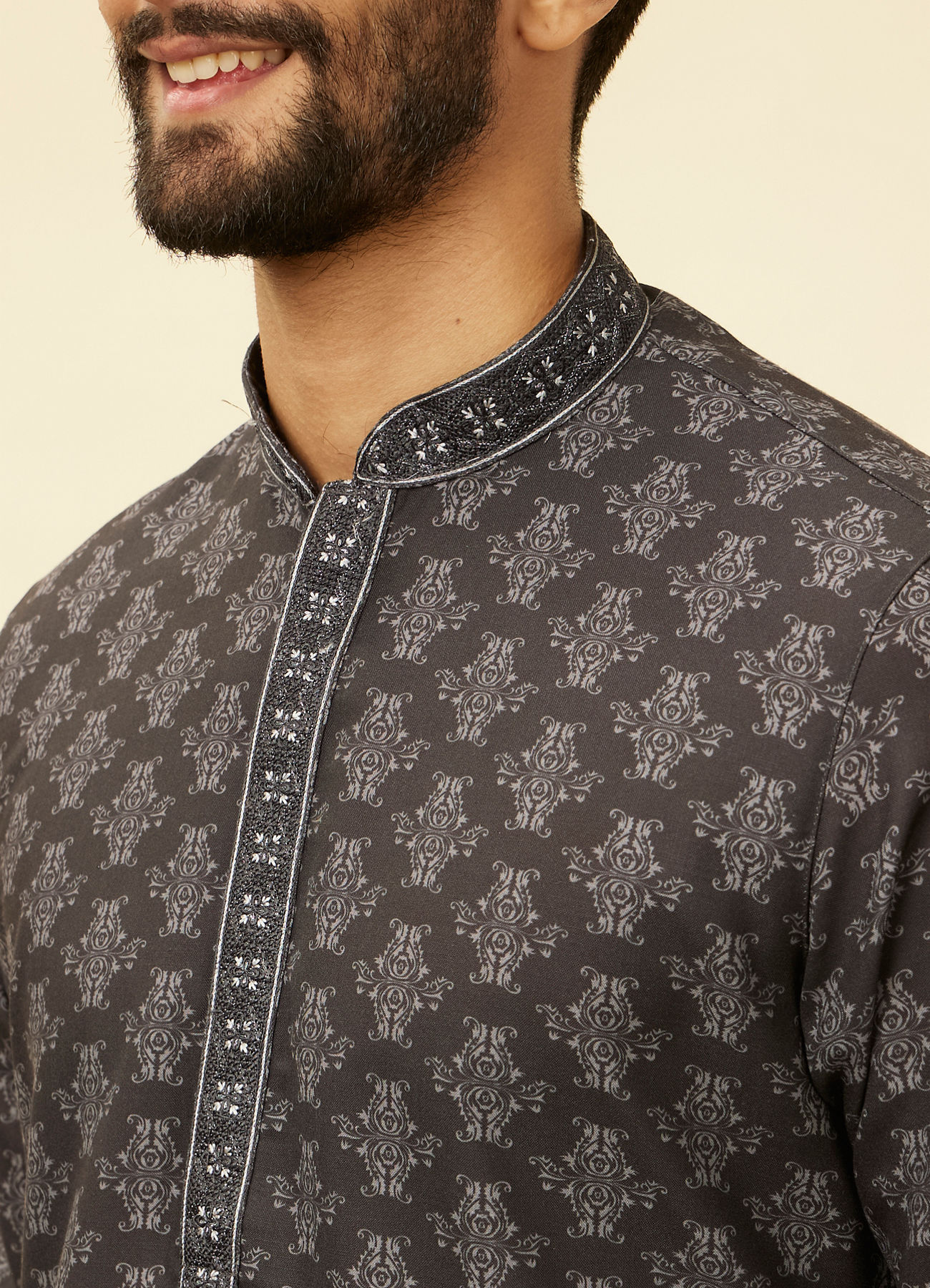 Manyavar Men Charcoal Black Imperial Printed Kurta Set