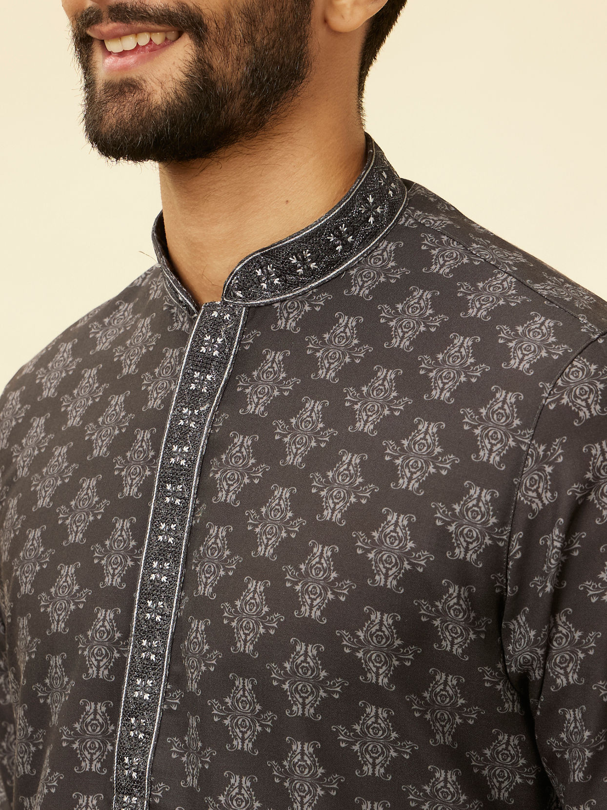 Manyavar Men Charcoal Black Imperial Printed Kurta Set image number 1