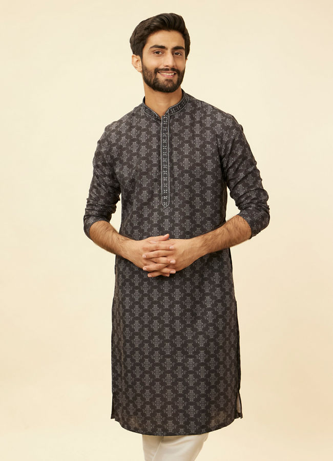 Manyavar Men Charcoal Black Imperial Printed Kurta Set