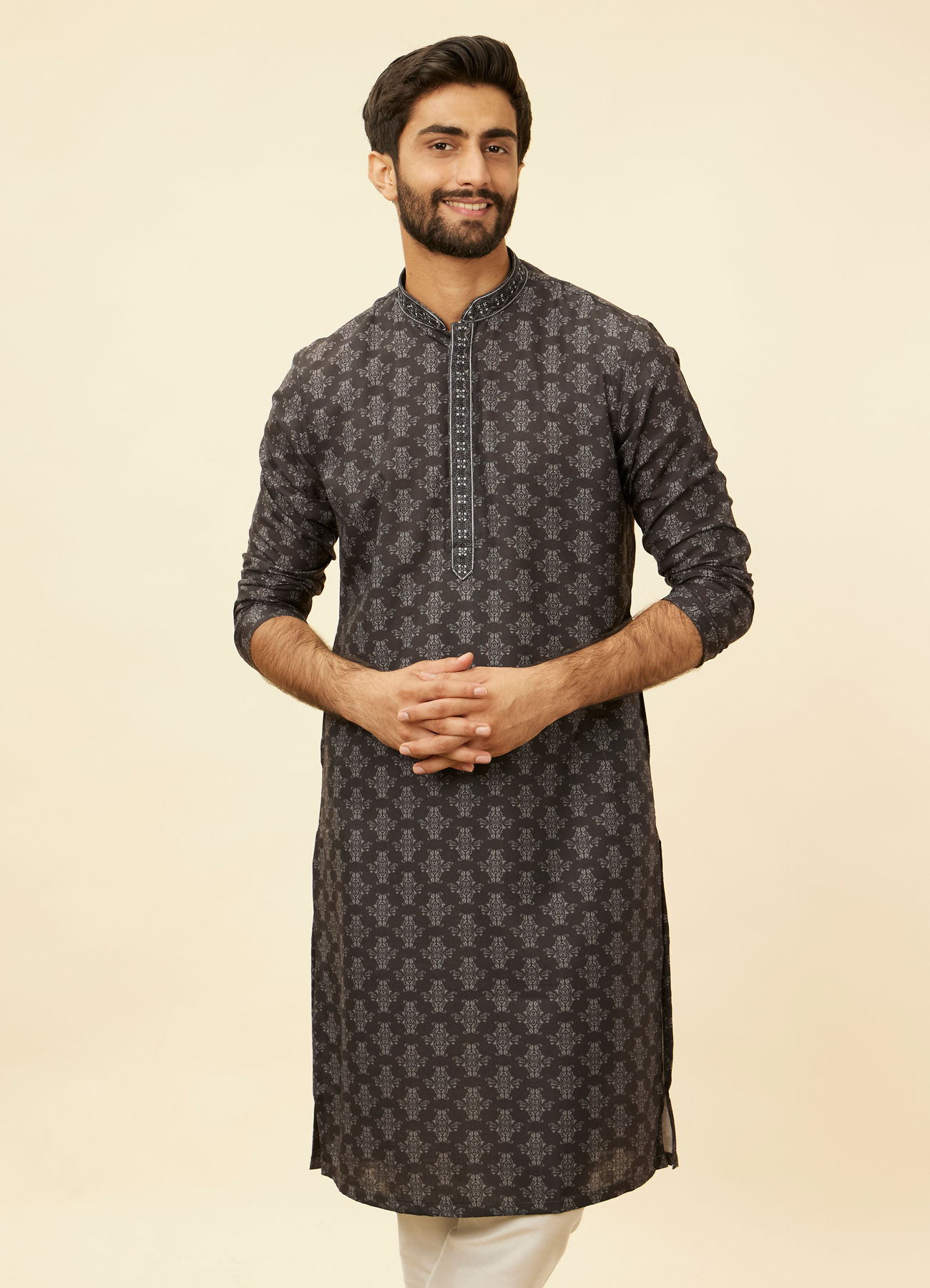 Manyavar Men Charcoal Black Imperial Printed Kurta Set