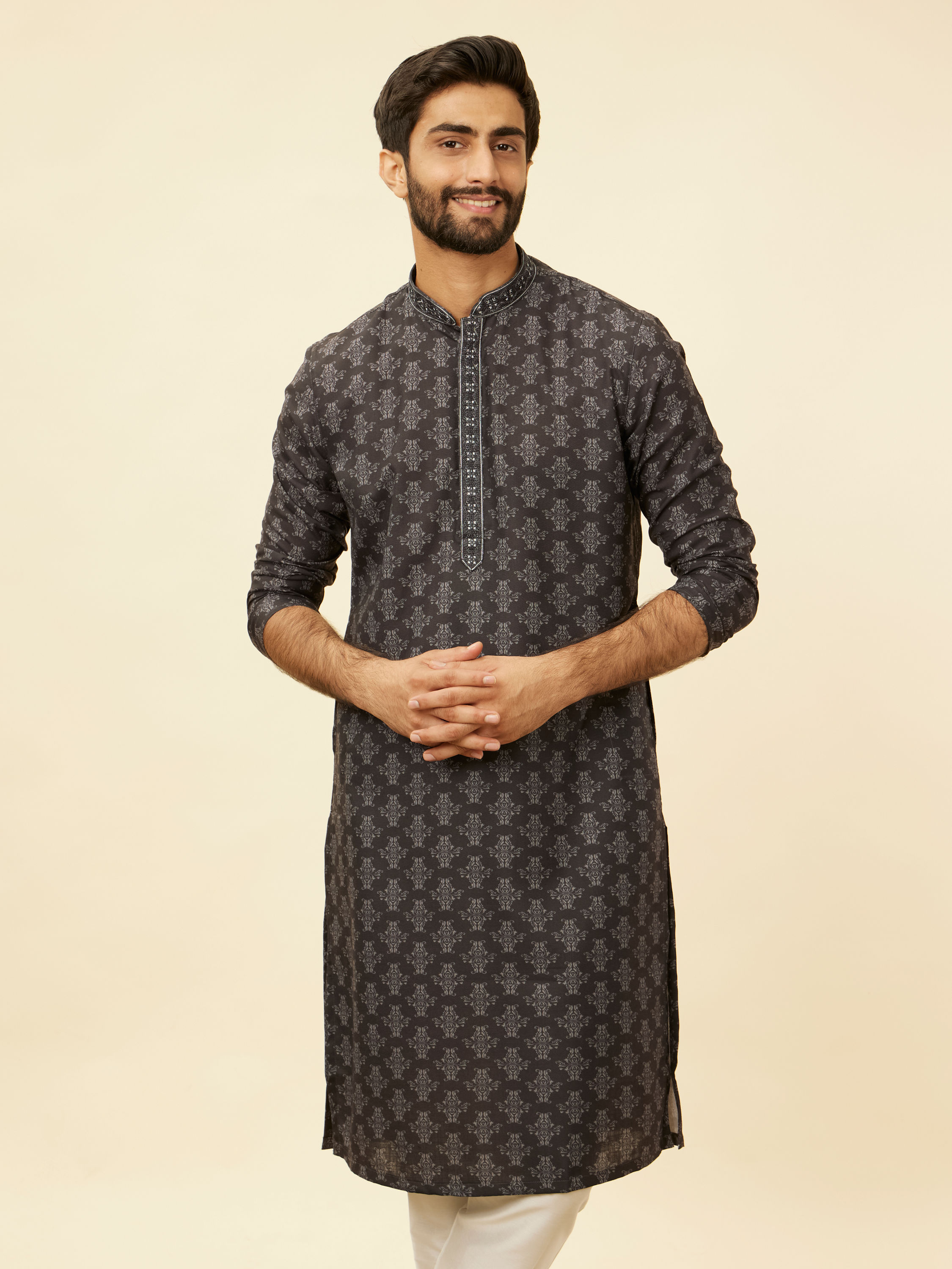 Manyavar Men Charcoal Black Imperial Printed Kurta Set