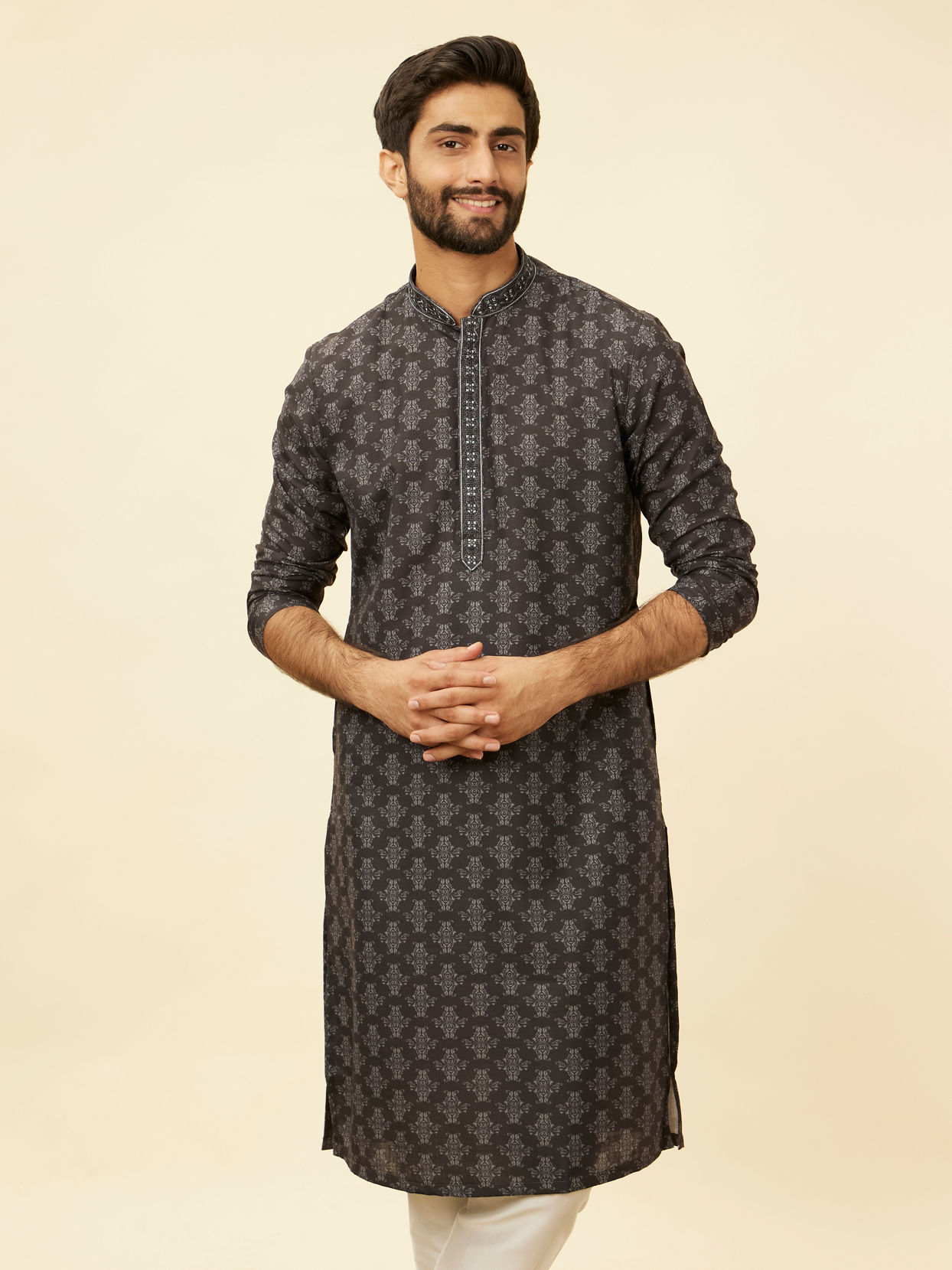 Manyavar Men Charcoal Black Imperial Printed Kurta Set