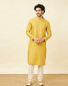 Manyavar Men Sunrise Yellow Hexagonal Mesh Printed Kurta Set