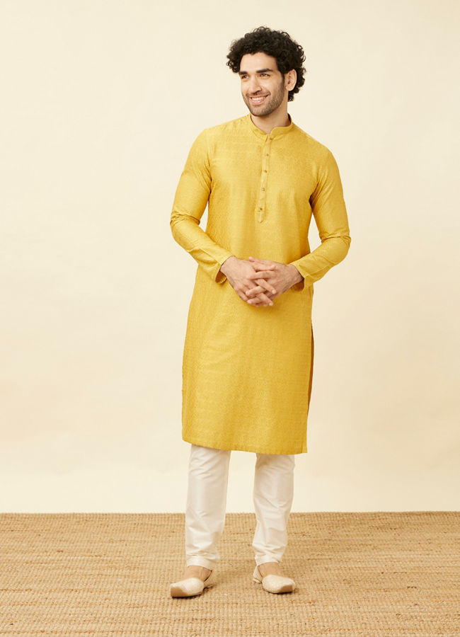 alt message - Manyavar Men Sunrise Yellow Hexagonal Mesh Printed Kurta Set image number 2