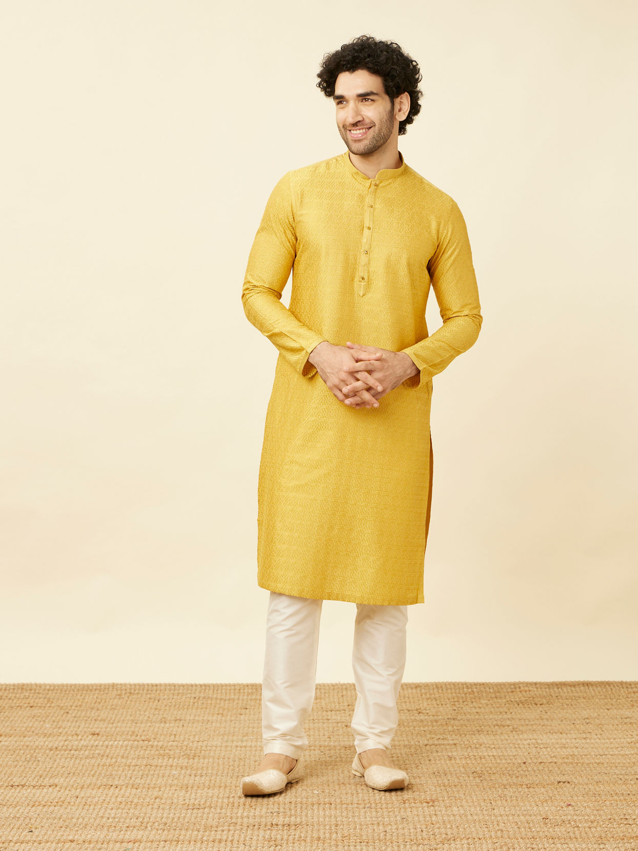 Manyavar Men Sunrise Yellow Hexagonal Mesh Printed Kurta Set