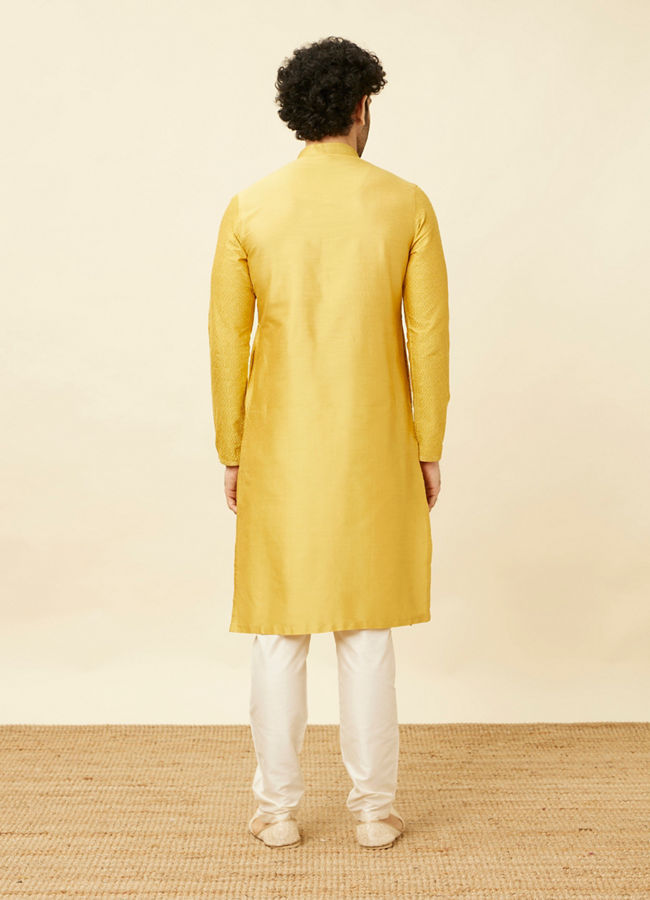 Manyavar Men Sunrise Yellow Hexagonal Mesh Printed Kurta Set
