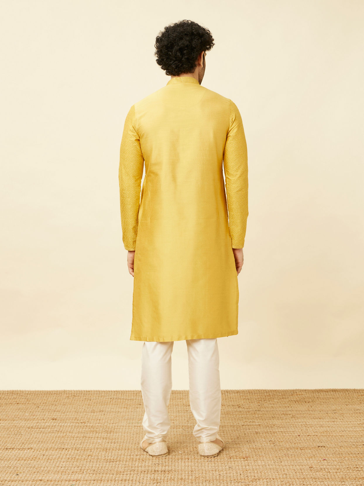 Manyavar Men Sunrise Yellow Hexagonal Mesh Printed Kurta Set