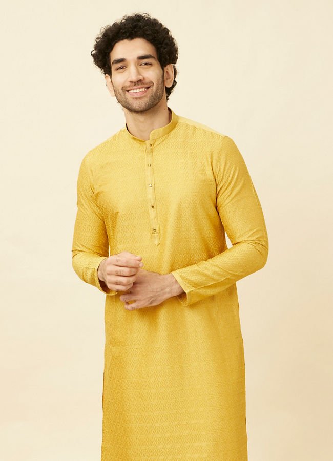 alt message - Manyavar Men Sunrise Yellow Hexagonal Mesh Printed Kurta Set image number 0