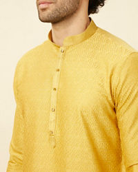 Manyavar Men Sunrise Yellow Hexagonal Mesh Printed Kurta Set